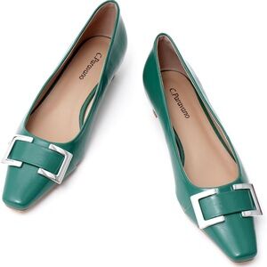 C.Paravano Lucia Green Square Toe Low Block Heels with Metal Buckle, 40/9.5